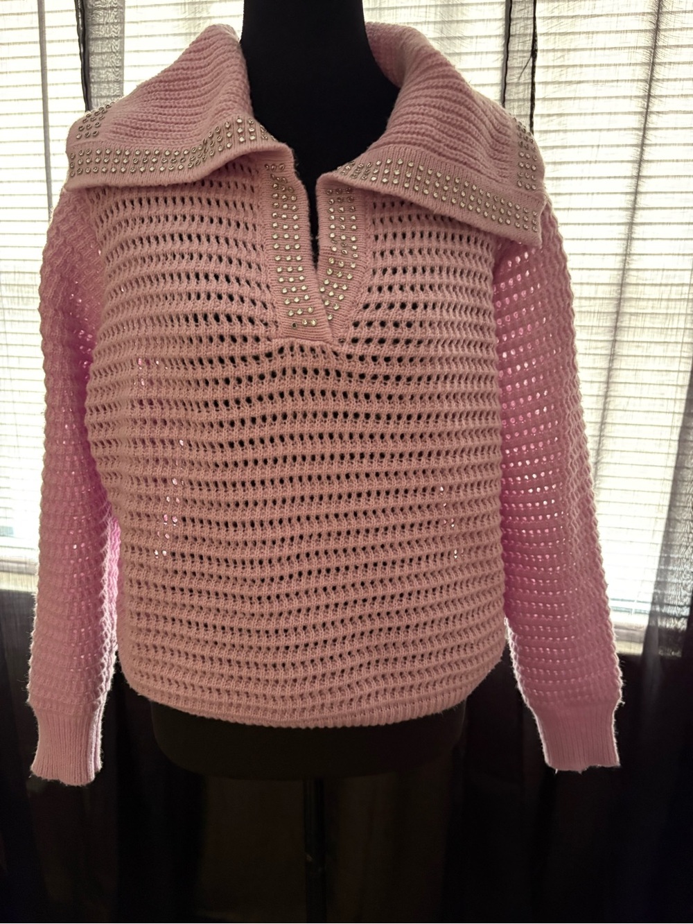 Rains Pink Open-Knit V-Neck Sweater with Stud Trim